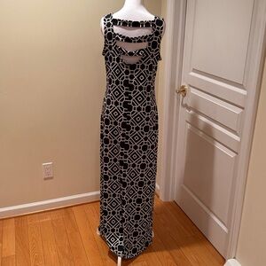 Nina Leonard Black and White Patterned Maxi Dress high low design